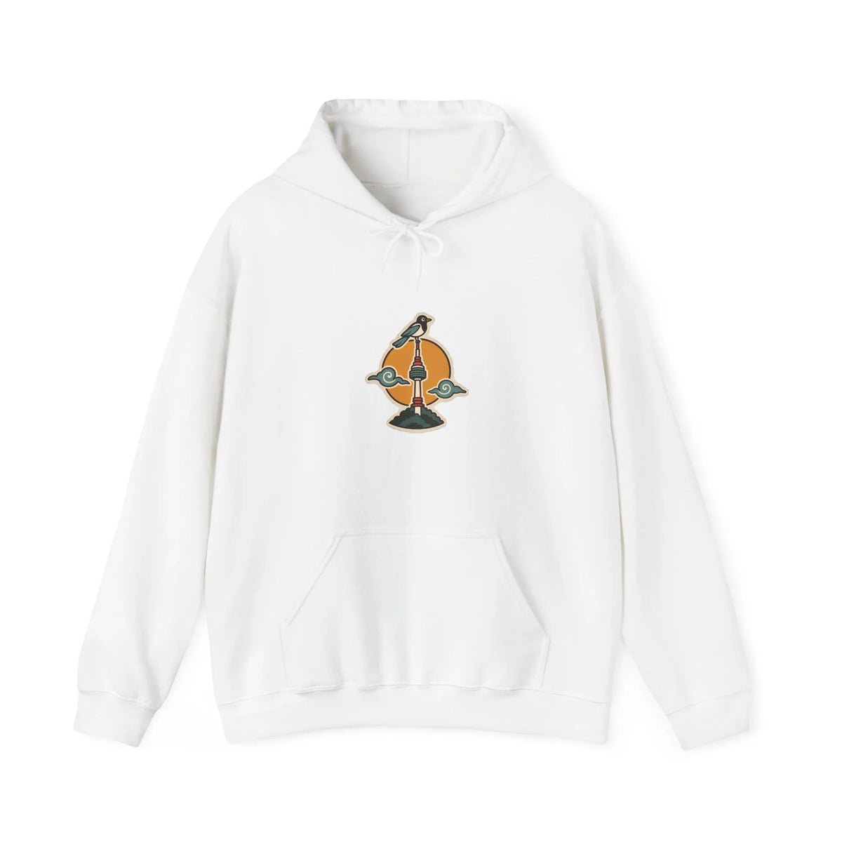 Front of an off-white hoodie with a small N Seoul Tower print