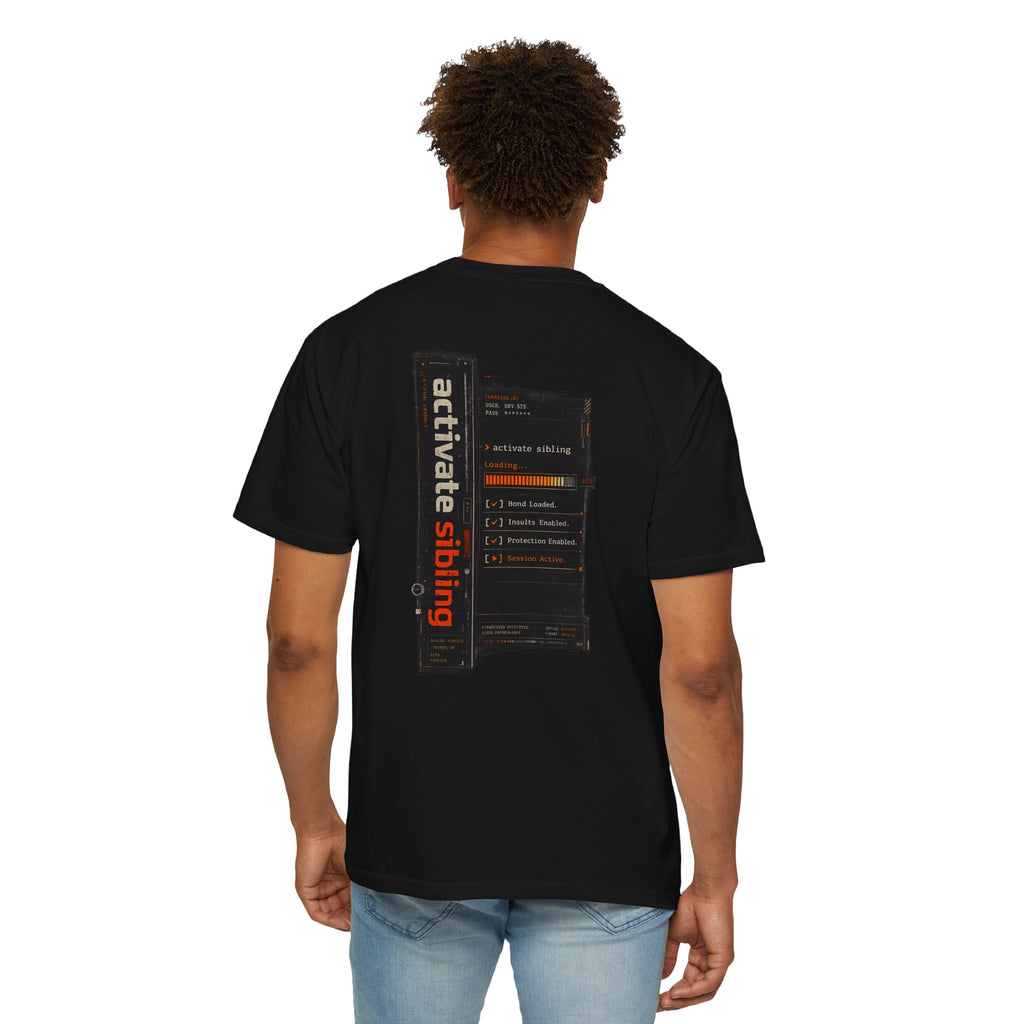 Sibling Code Activated rakhi t-shirt, back view, black