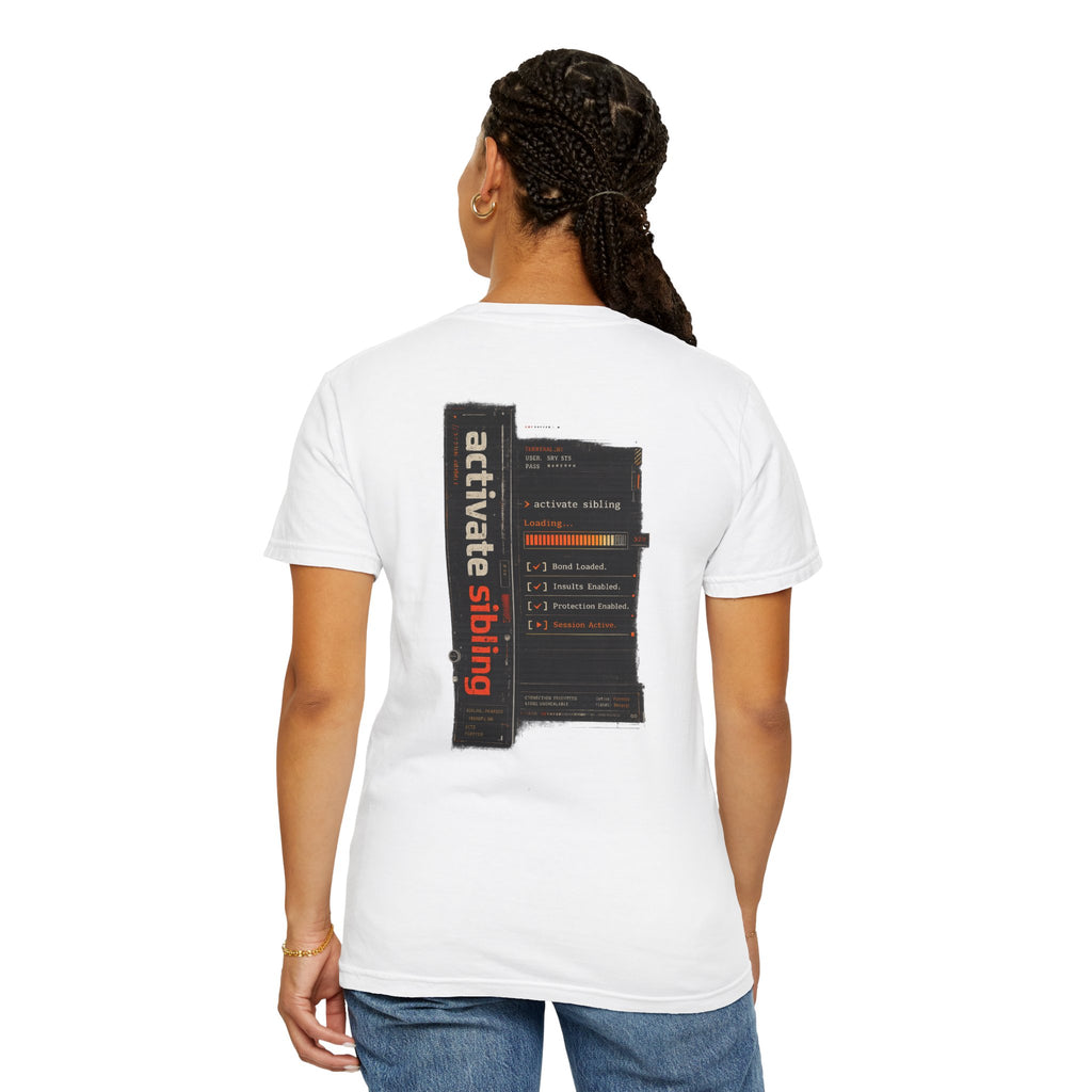 Close-up of Sibling Code Activated rakhi t-shirt print, white
