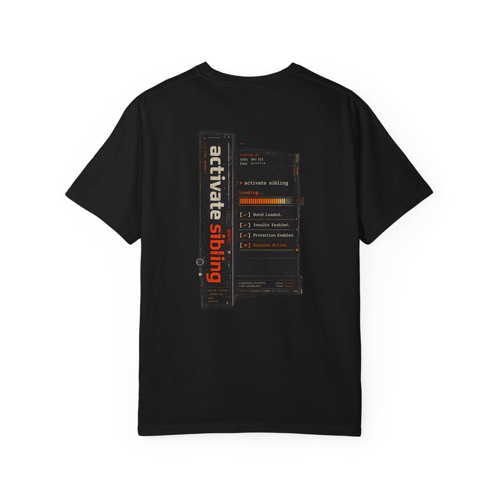 Sibling Code Activated rakhi t-shirt flat lay, black colorway