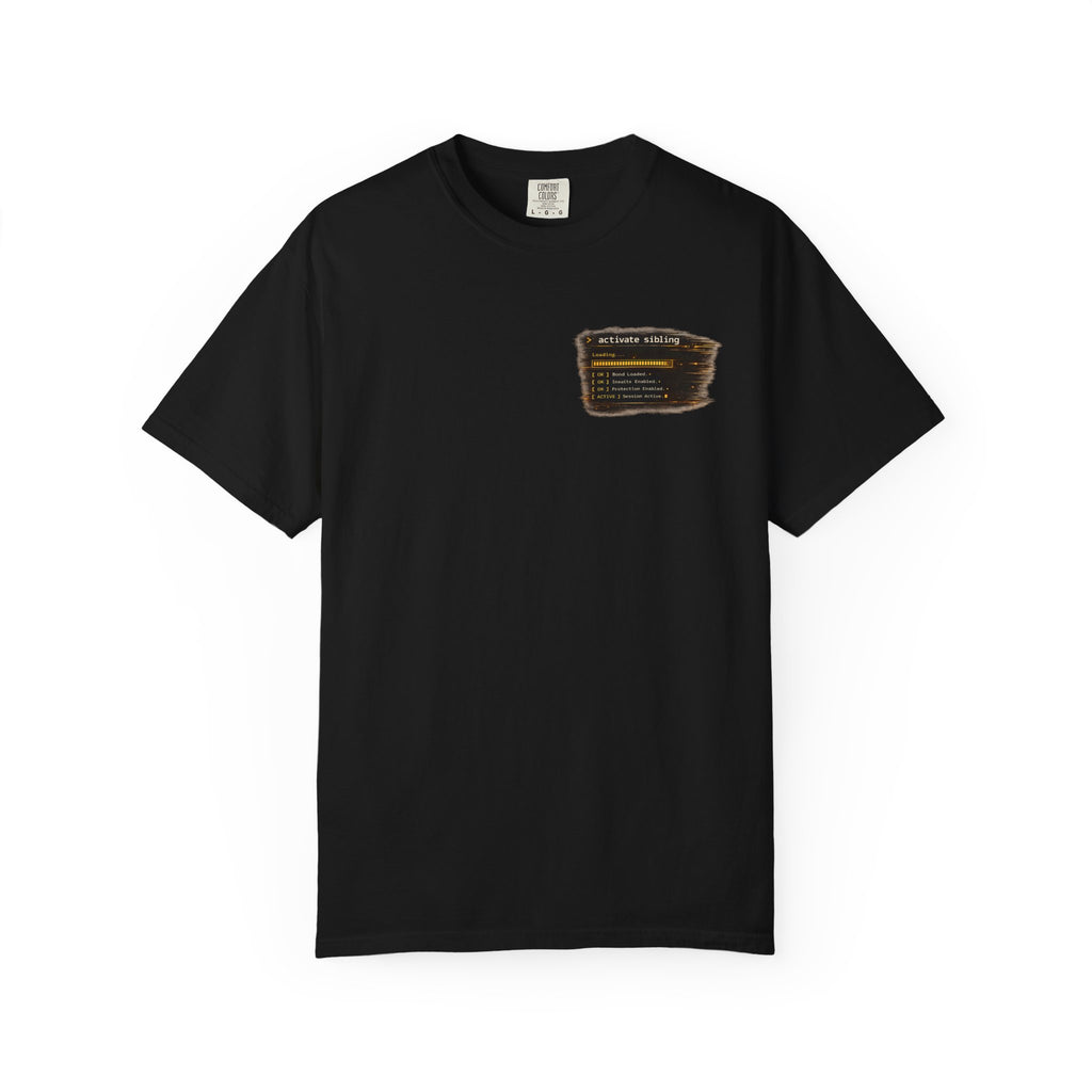 Close-up flat lay of Sibling Code Activated t-shirt design, black
