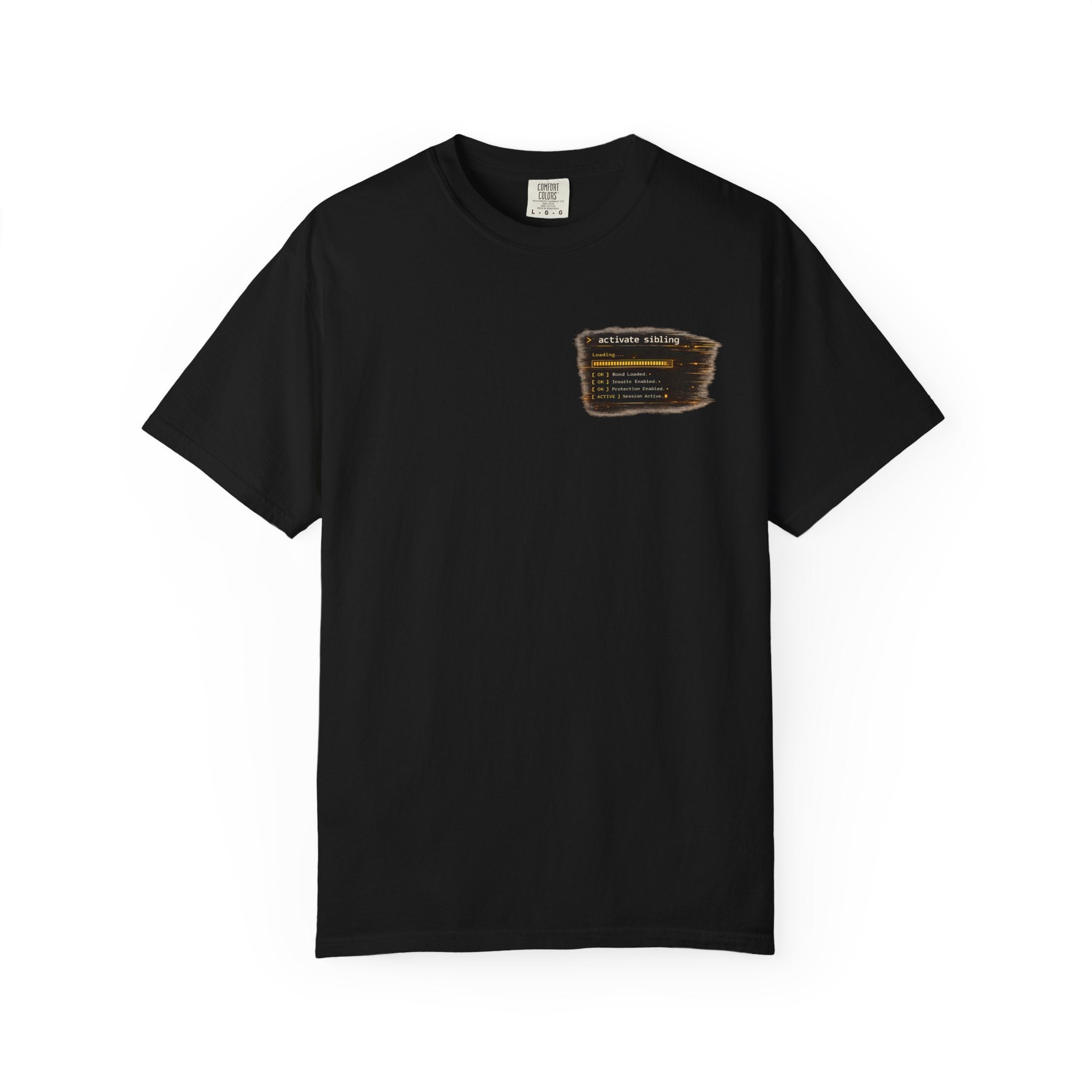 Close-up flat lay of Sibling Code Activated t-shirt design, black