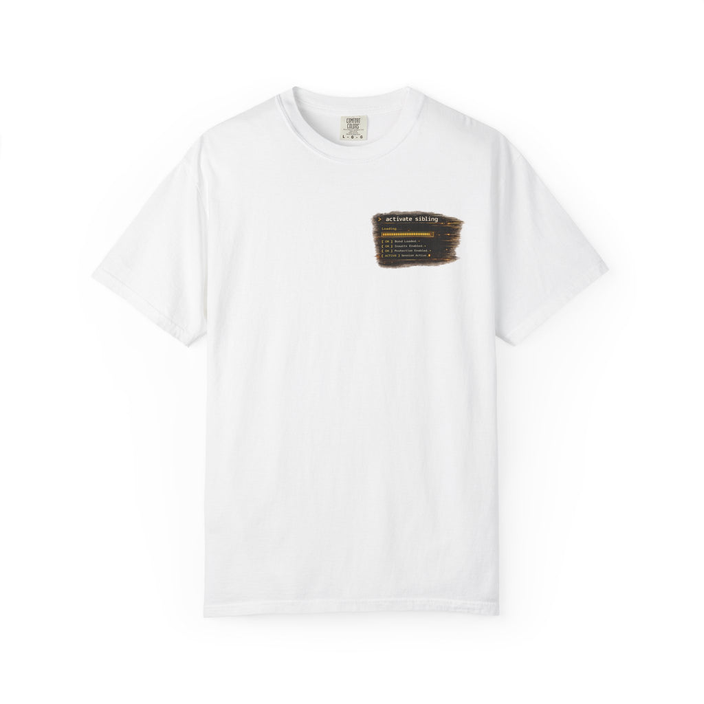 Sibling Code Activated t-shirt flat lay, white colorway