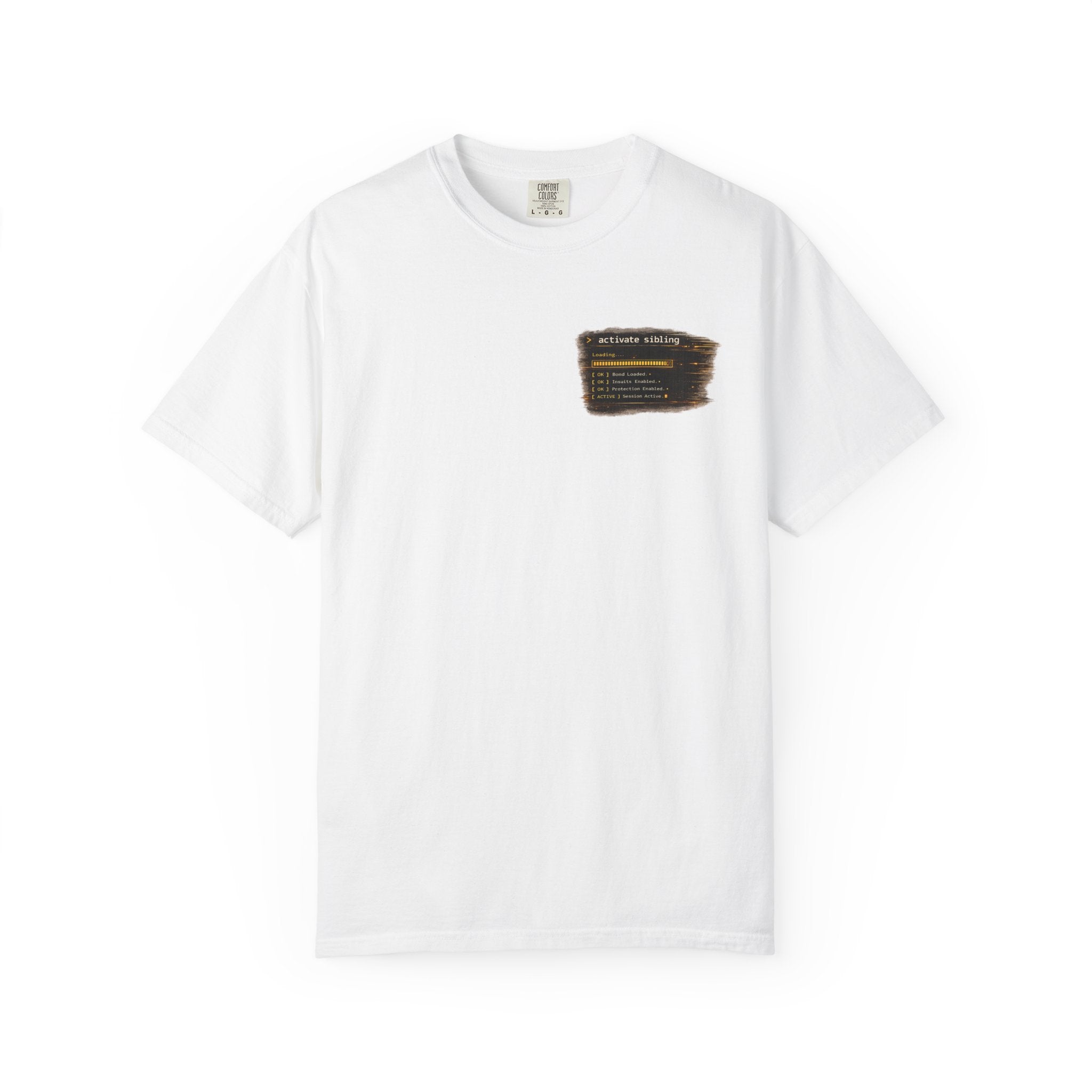 Sibling Code Activated t-shirt flat lay, white colorway