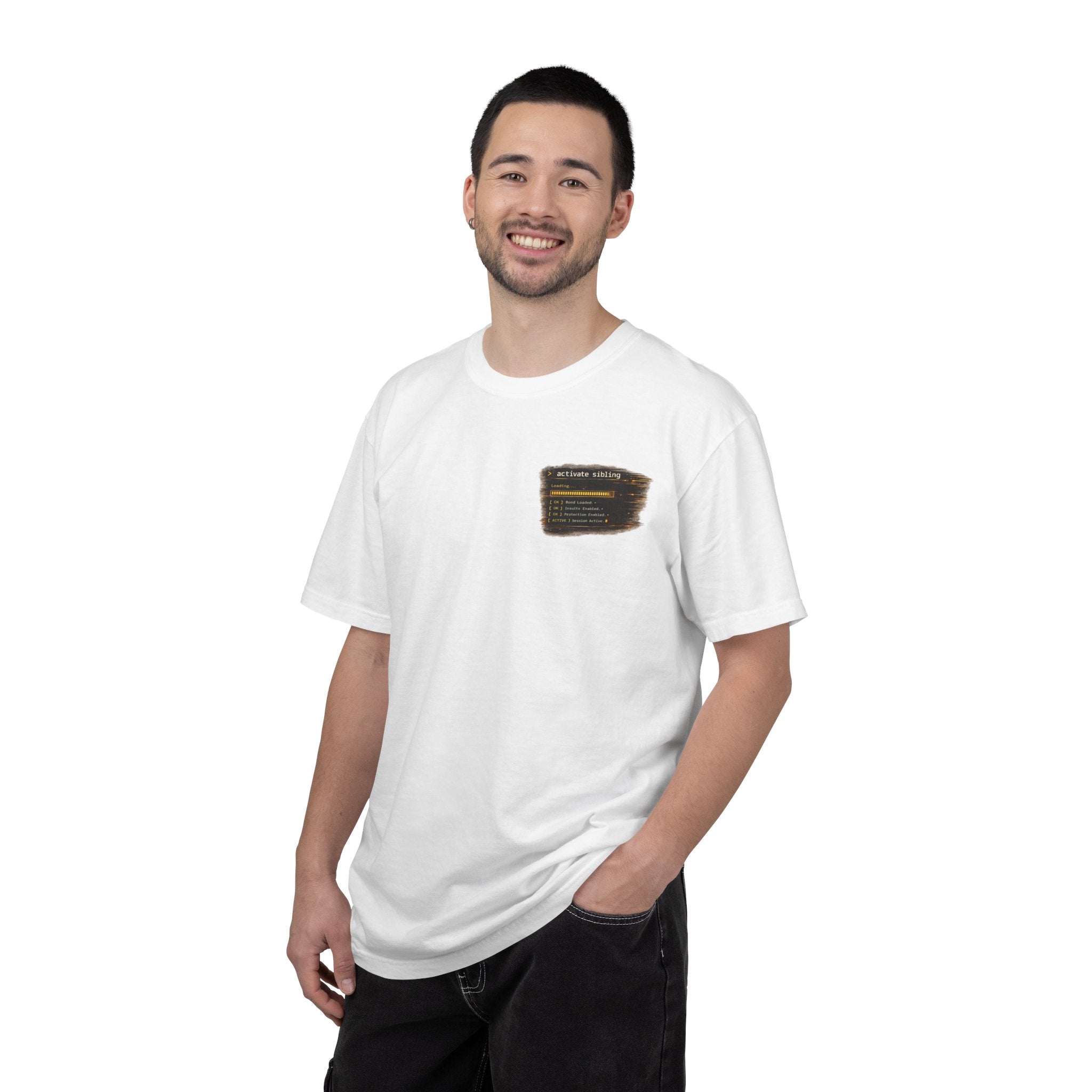 Sibling Code Activated funny rakhi tee, close front view, white