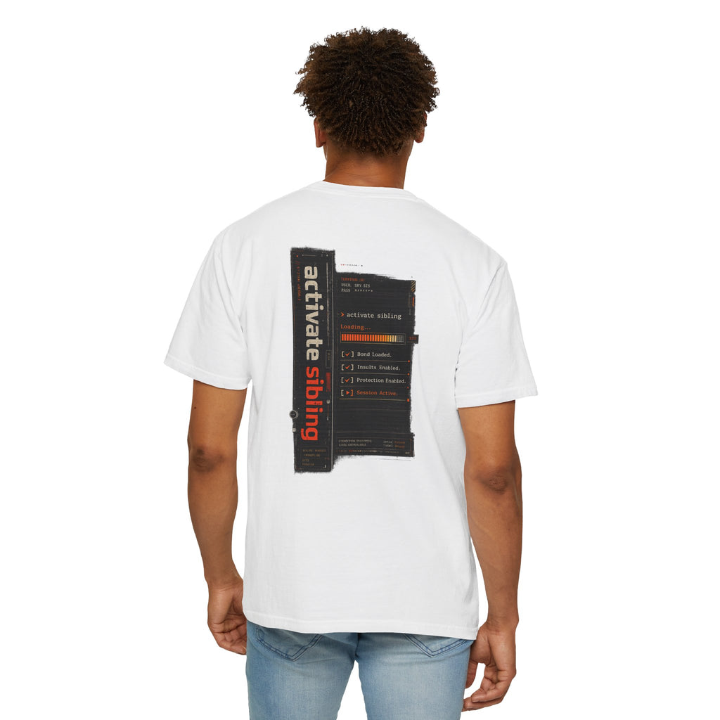 Model wearing Sibling Code Activated rakhi t-shirt, front view, white