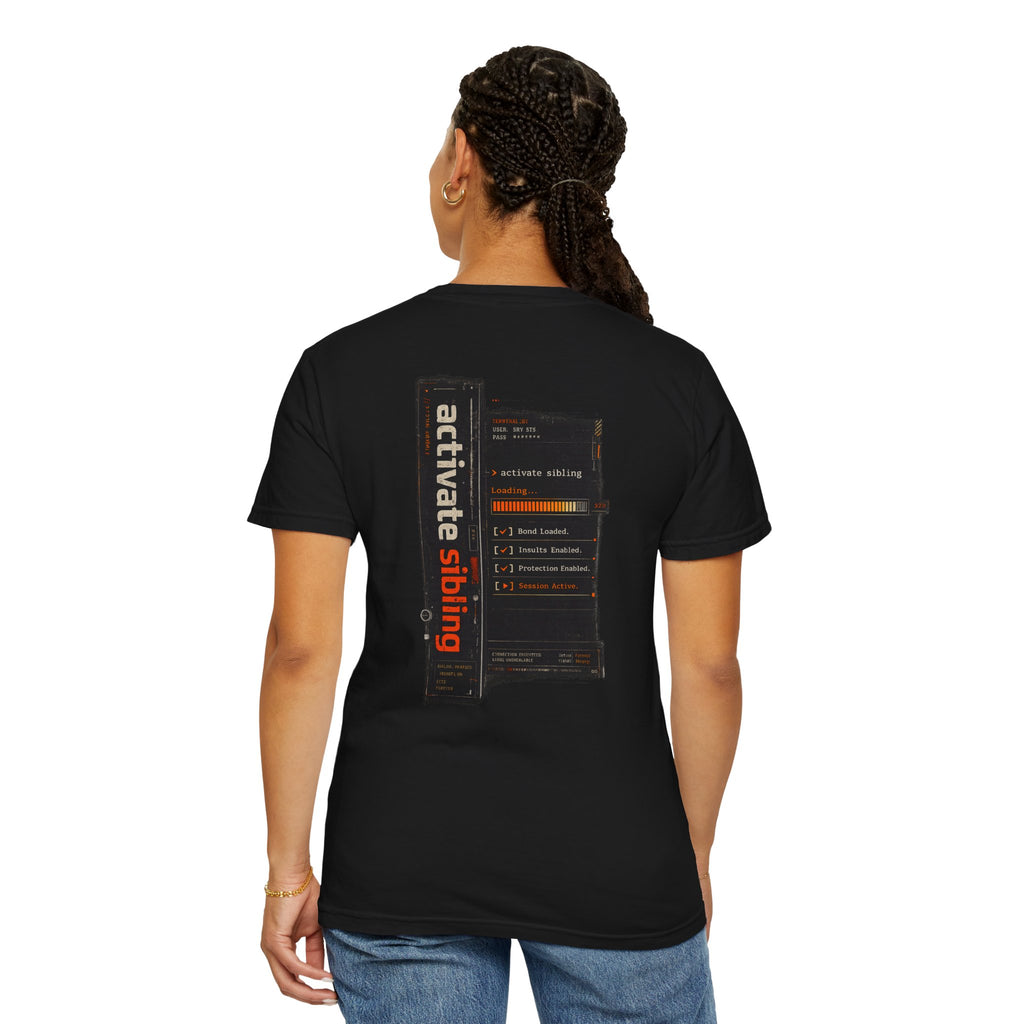 Model wearing Sibling Code Activated rakhi t-shirt, standing, black