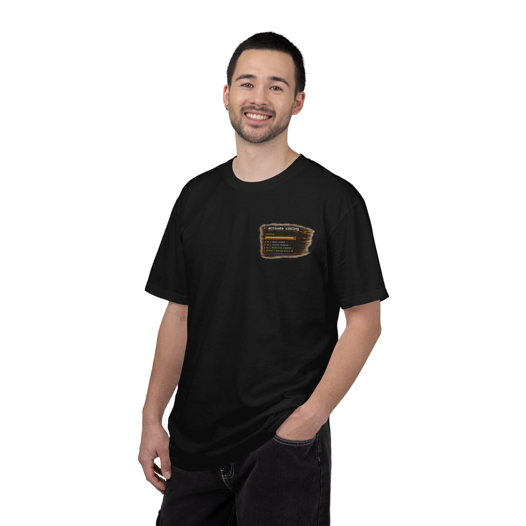 Model wearing Sibling Code Activated t-shirt, front view, white, standing