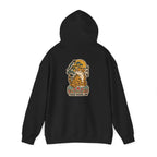Black hoodie laid flat showing the tiger print on the back