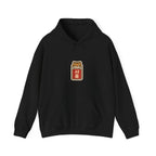 Front of a black hoodie with a small chest print and kangaroo pocket