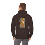 Back view of a coffee brown hoodie with a tiger print, worn by a man