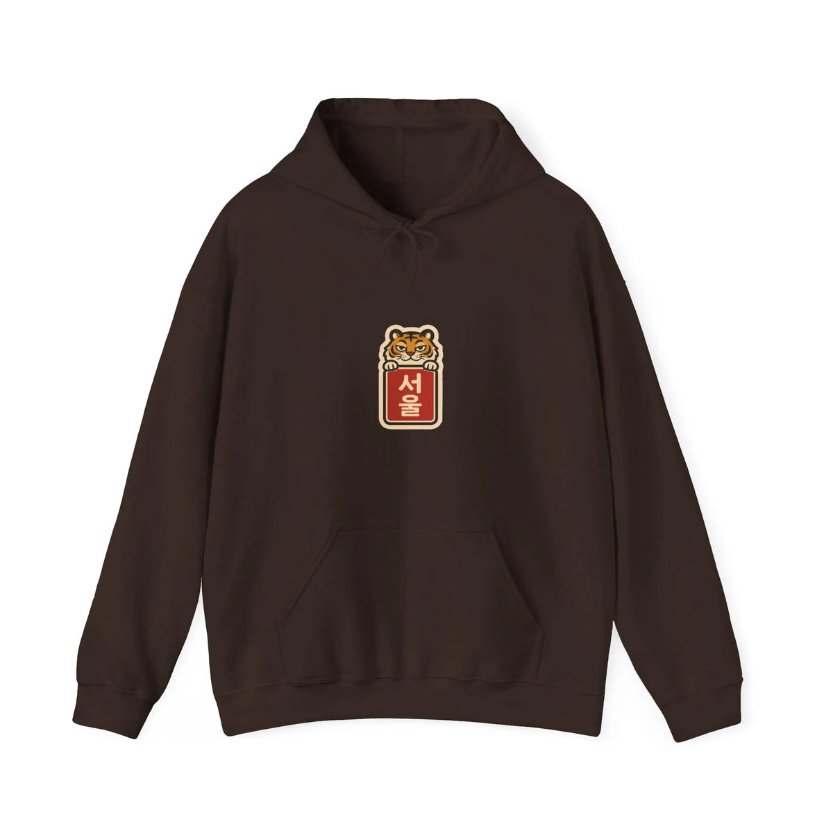 Front of a coffee brown hoodie with a small chest print