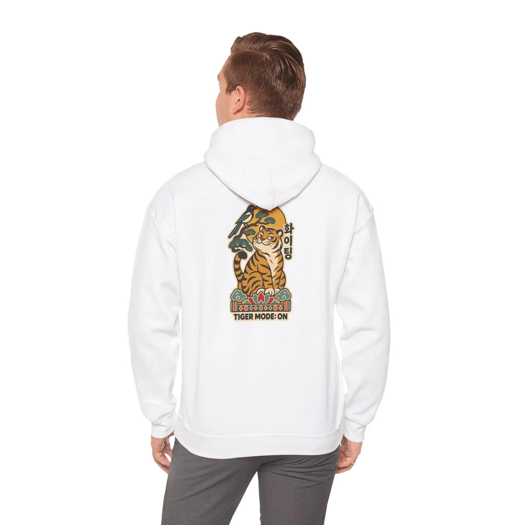 Back view of an off-white hoodie with a tiger print, worn by a man