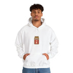 Man in an off-white hoodie with a small chest print