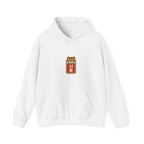 Front of an off-white hoodie with a small chest print