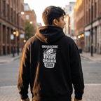 Model wearing Unsubscribe oversized hoodie, back print visible