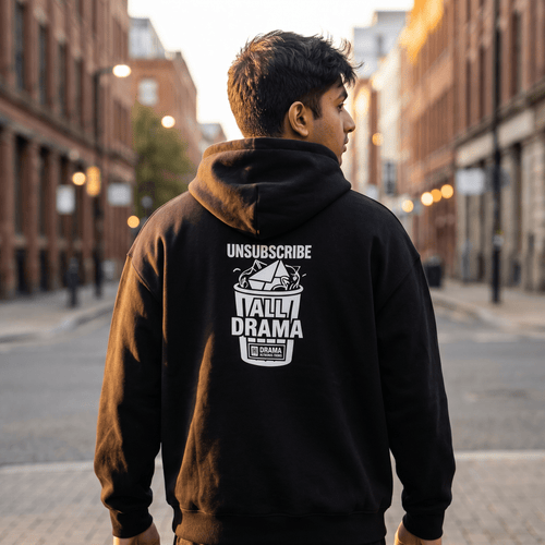 Model wearing Unsubscribe oversized hoodie, back print visible